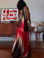 Halter Tie Neck Ombre Gradient Backless Draped Sash Maxi Dress