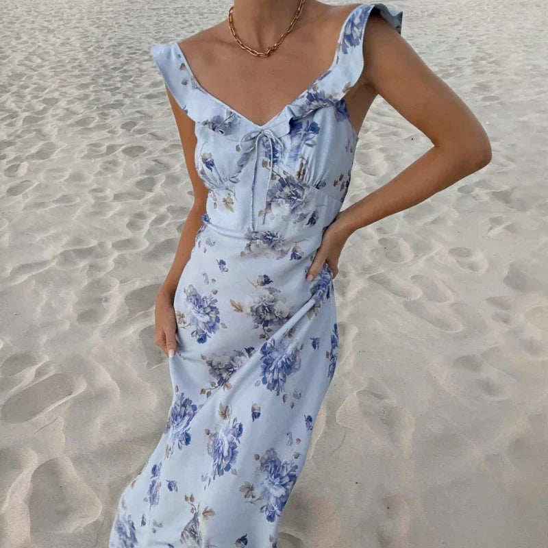 Floral Print Spaghetti Strap V-Neck Slip Maxi Dress