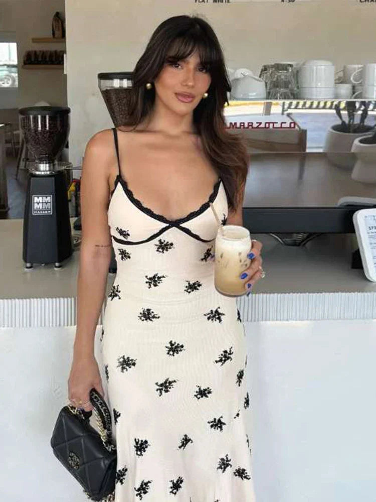 Ditsy Floral Print Lace Trim Deep V-Neck Spaghetti Strap Lettuce Hem Slip Maxi Dress