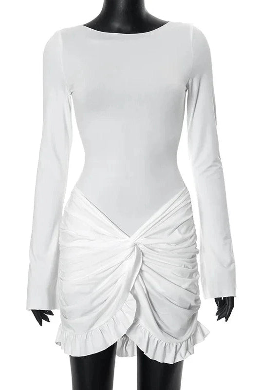 Pleated Bodycon Mini Dress with Long Sleeves and High Waist