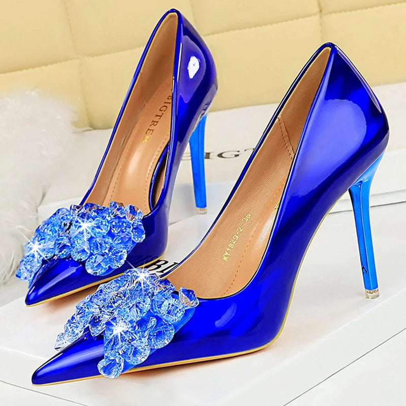 Crystal Bow High Heels Patent Leather Women Pumps Luxury Ladies Shoes