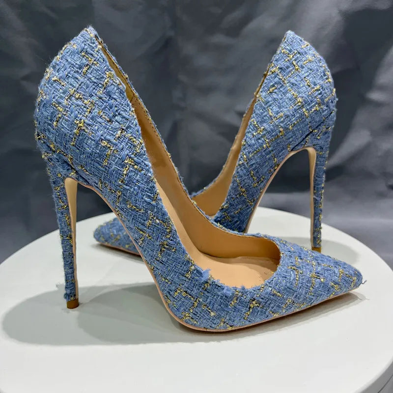 Blue Plaid Pointy Toe High Heel Shoes for Women