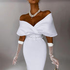 Off Shoulder Draped Cap Sleeve Wrap Belt Grommet Bodycon Midi Dress