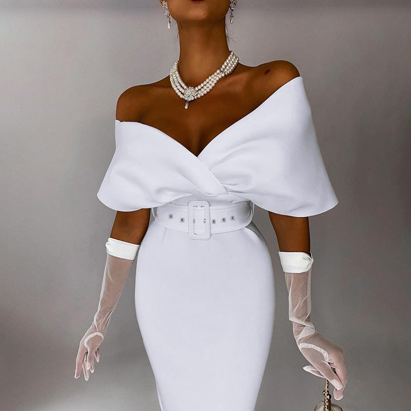 Off Shoulder Draped Cap Sleeve Wrap Belt Grommet Bodycon Midi Dress