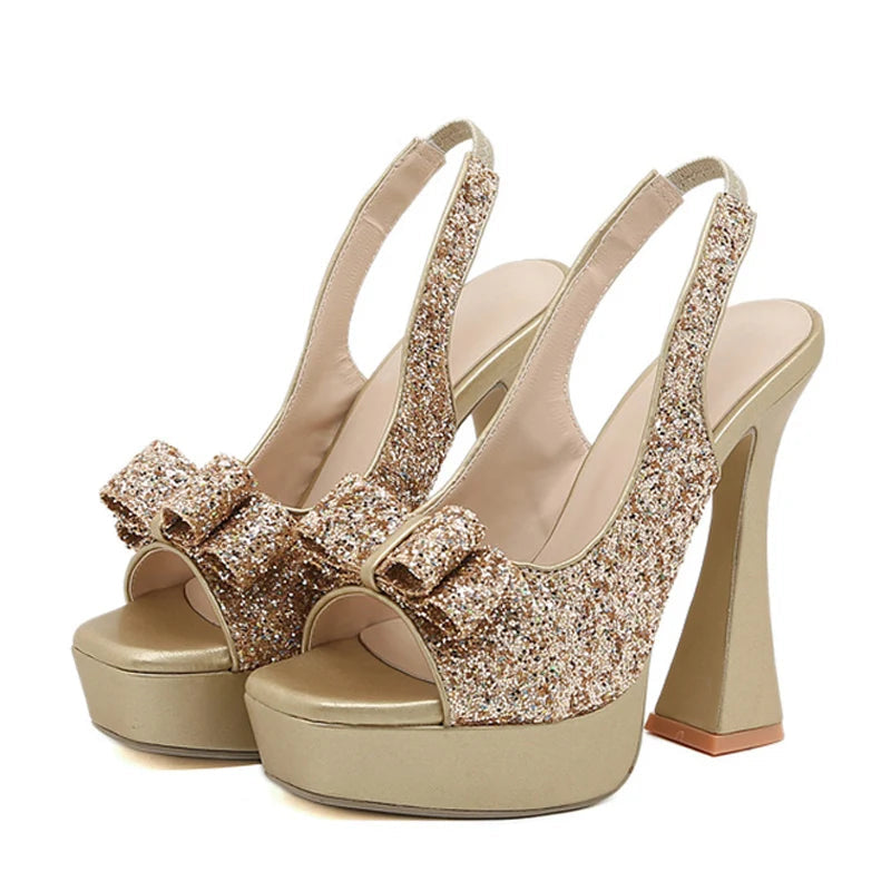Glitter Sequined Bowknot Peep Toe Gold Sandals with Back Strap