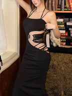 Spaghetti Strap O-Ring Buckle Side Cut Out Bodycon Maxi Dress