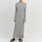 Ribbed Knit Crew Neck Lettuce Hem Long Sleeve Maxi Dress