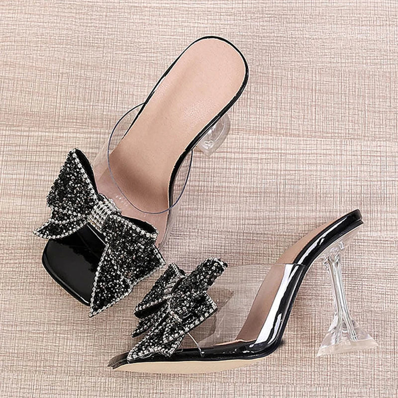 Silver Crystal Bowknot High Heel Transparent Slippers for Women Fashion