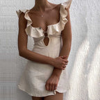 Square Neck Ruffle Strap Button Front Keyhole Cutout A-Line Mini Dress