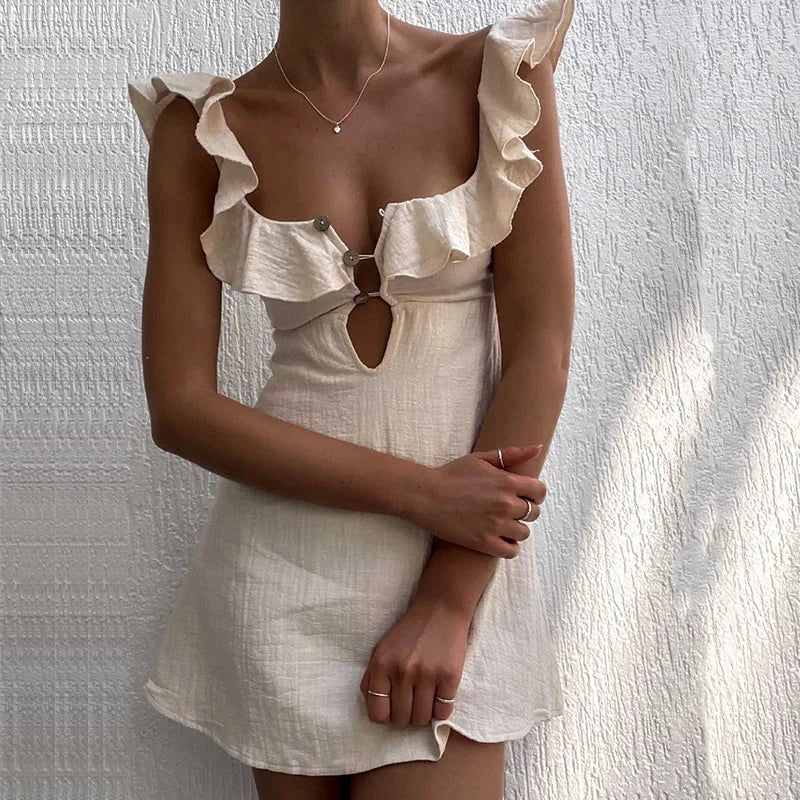 Square Neck Ruffle Strap Button Front Keyhole Cutout A-Line Mini Dress