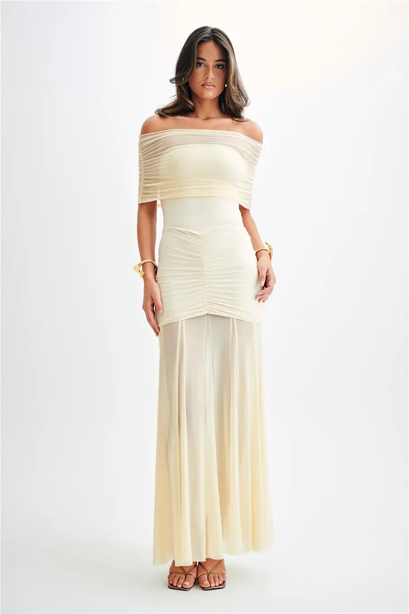 Off Shoulder Mesh Ruched Overlay Ruffle Hem Bodycon Mini Dress