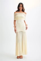 Off Shoulder Mesh Ruched Overlay Ruffle Hem Bodycon Mini Dress