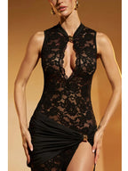 Mock Neck Keyhole Cut Out Lace Wrap Buckle High Slit Maxi Dress