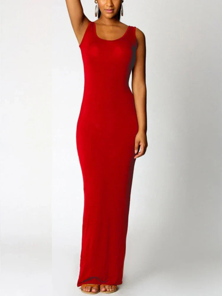 Scoop Neck Tank Strap Sleeveless Bodycon Maxi Dress