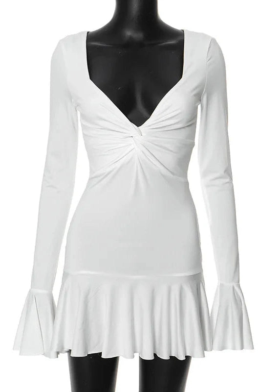 V-Neck Patchwork Mini Dress with Long Sleeves and High Waist
