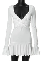 V-Neck Patchwork Mini Dress with Long Sleeves and High Waist