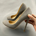 Grey Faux Suede Round Toe High Heel Shoes for Women