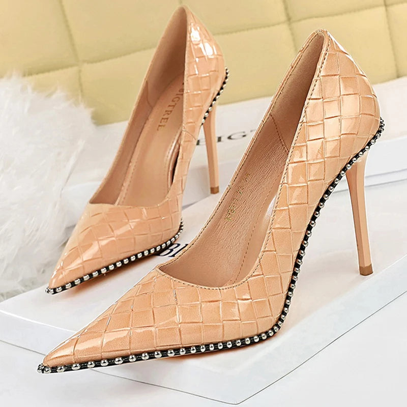 Metal Beads Black Suede High Heel Stiletto Wedding Shoes Women Pumps