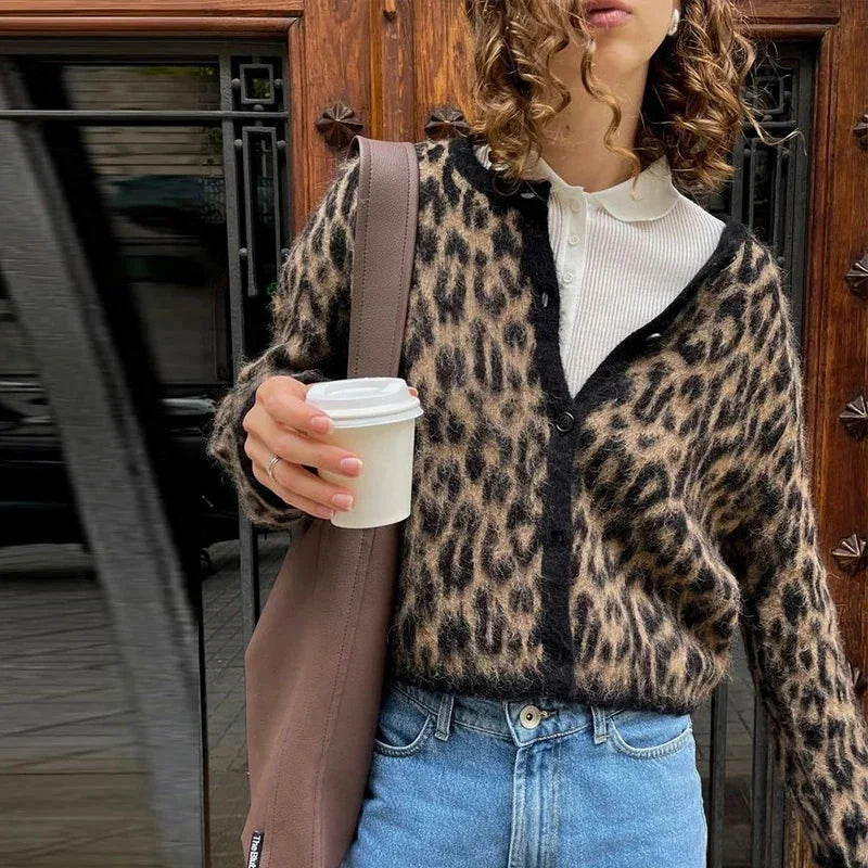 Vintage Leopard Print Knitted Mohair Cardigans Women O Neck Single Breasted Short Sweater Autumn New Lady Casual Streetwear