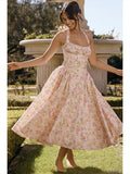 Ditsy Floral Print Halter Neck Corset Bow Trim Fit and Flare Midi Dress