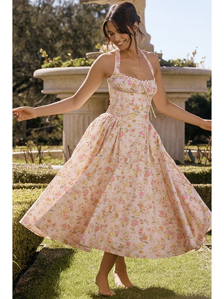 Ditsy Floral Print Halter Neck Corset Bow Trim Fit and Flare Midi Dress
