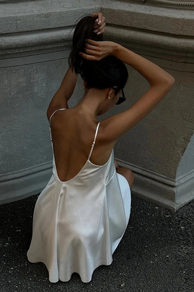 Deep V-Neck Backless Lace Mini Dress with Spaghetti Straps