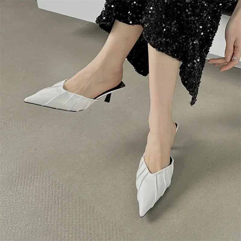 Spring Elegant Pleated Women Slipper with Sexy Pointed Toe and Thin Low Heels