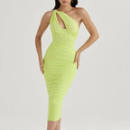 One Shoulder Keyhole Cut Out Corset Seam Ruched Bodycon Midi Dress