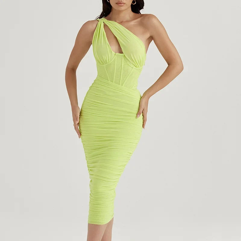 One Shoulder Keyhole Cut Out Corset Seam Ruched Bodycon Midi Dress