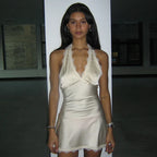 Lace Trim Scalloped Halter Deep V-Neck A-Line Mini Dress