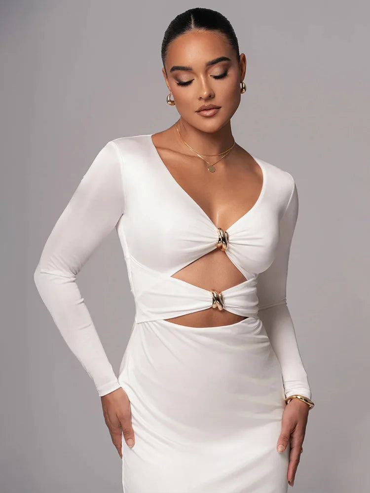 V-Neck Long Sleeve Ring Hardware Cut Out Bodycon Maxi Dress