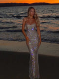 All Over Sequin Spaghetti Strap Scoop Neck Mermaid Maxi Gown
