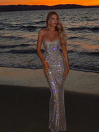 All Over Sequin Spaghetti Strap Scoop Neck Mermaid Maxi Gown