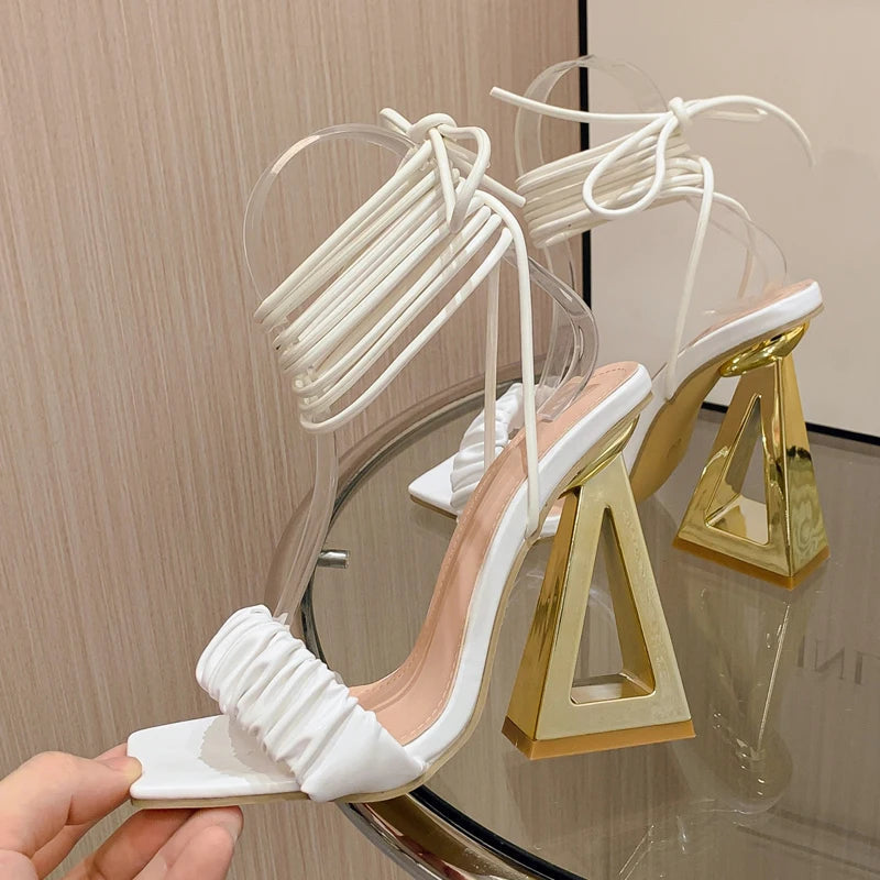 Peep Toe Gladiator Sandals with Pleated Lace-up Fretwork Heels for Women
