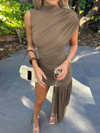Mock Neck Sleeveless Ruched Asymmetric Draped Side Tail Mini Dress