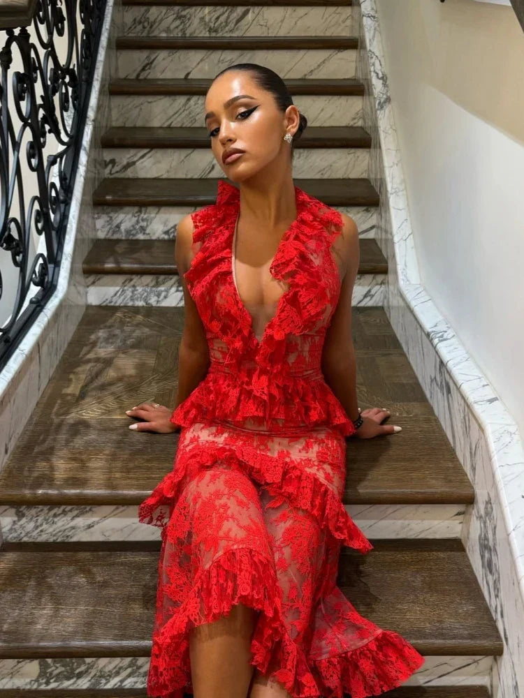 Floral Lace Halter Deep V-Neck Peplum Tiered Ruffle Midi Dress