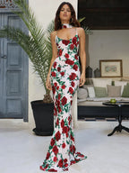 Floral Print Satin Spaghetti Strap Deep V-Neck Scarf Tie Slip Maxi Dress