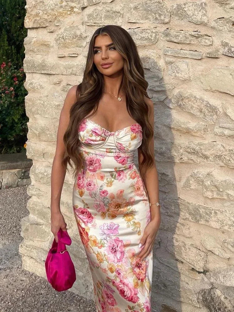 Satin Bustier Spaghetti Strap Large Floral Print Maxi Dress