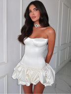 Strapless Satin Corset Bubble Hem Ruffle Mini Dress