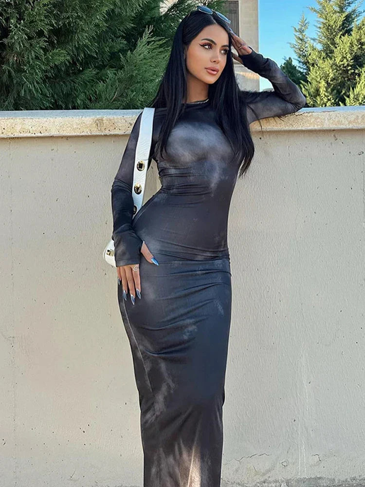 Crew Neck Long Sleeve Abstract Marble Print Bodycon Maxi Dress