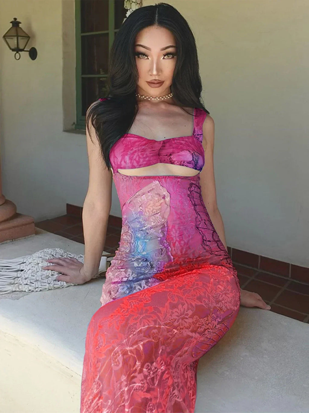 Butterfly Floral Lace Overlay Sweetheart Bustier Cutout Bodycon Maxi Dress