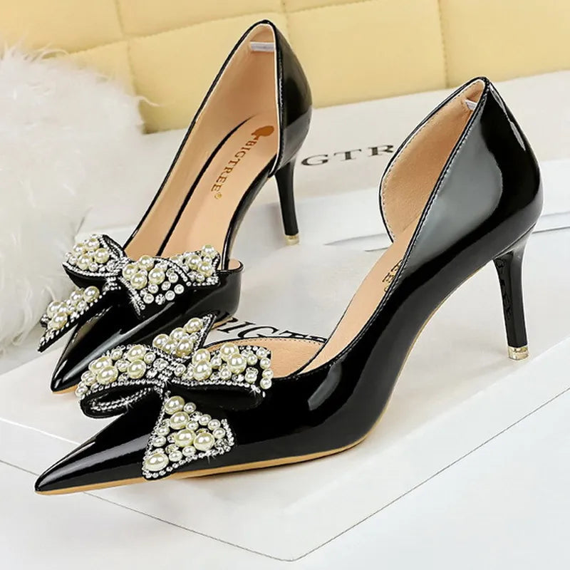 Bowknot Kitten Heels Patent Leather Women Pumps Shoes