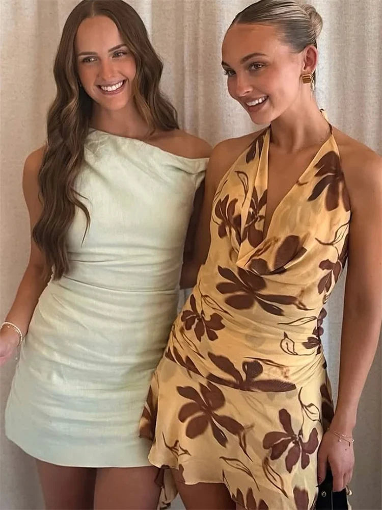 Tropical Floral Print Halter Deep V-Neck Ruffle Hem Mini Dress