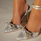 Crystal Buckle Strap Women Pumps with Butterfly-knot Detail and Thin High Heels