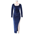 Square Neck Ruched Waist High Slit Long Sleeve Maxi Dress