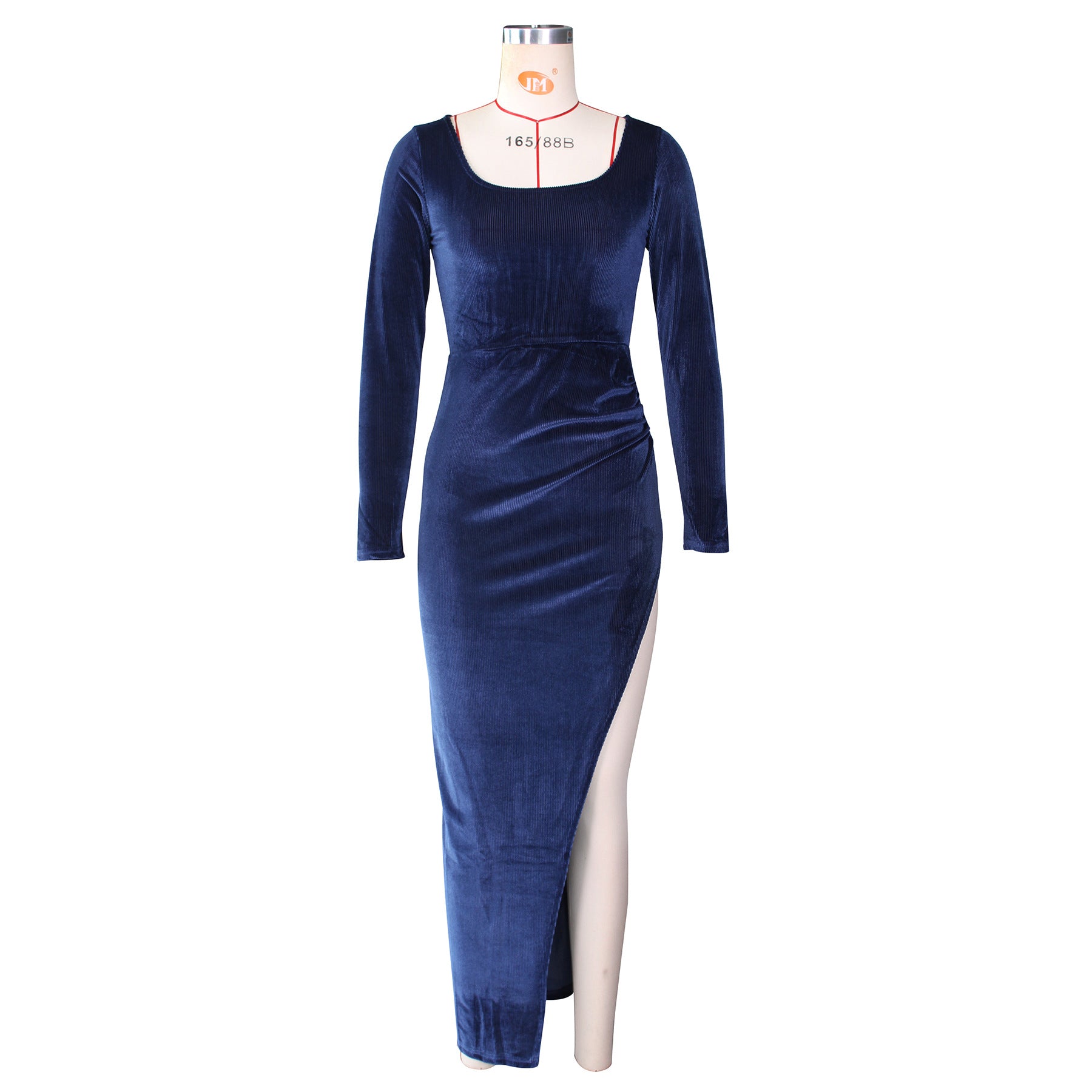 Square Neck Ruched Waist High Slit Long Sleeve Maxi Dress
