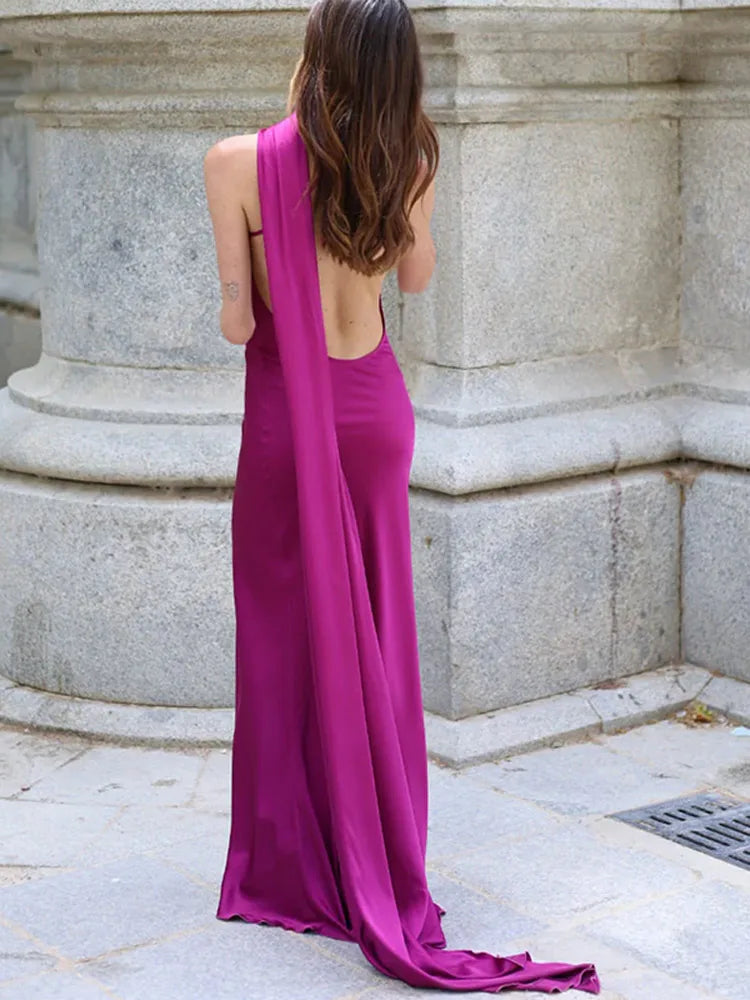 Satin Halter Neck Draped Sash Panel Column Maxi Dress