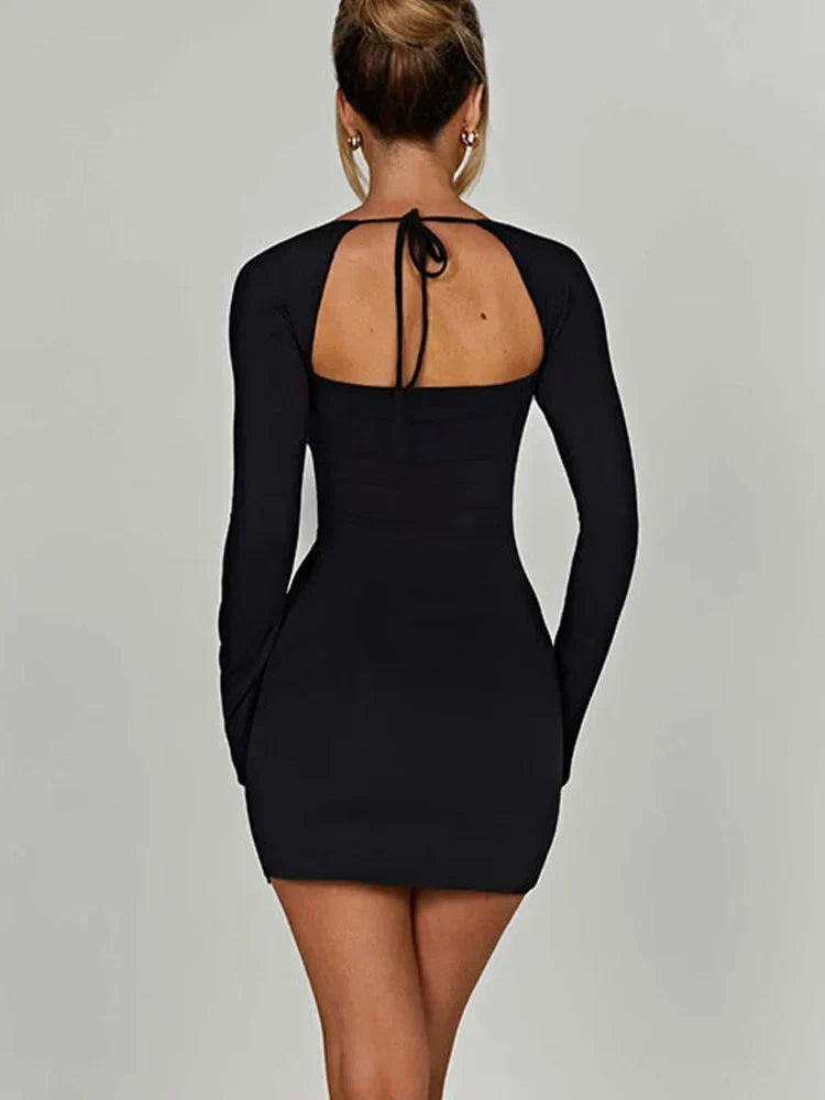 Square Neck Long Sleeve Thigh Slit Bodycon Mini Dress