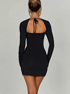 Square Neck Long Sleeve Thigh Slit Bodycon Mini Dress