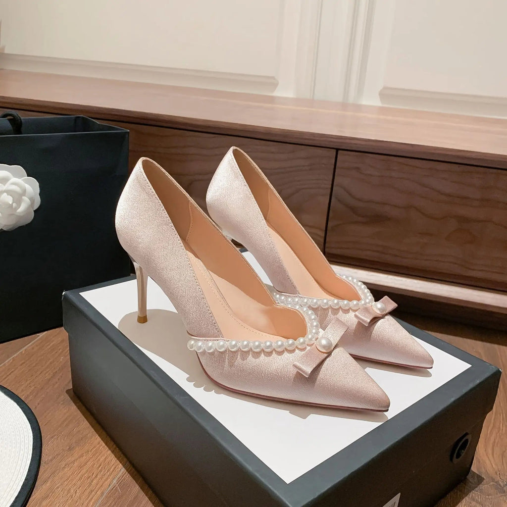 Summer Beaded Shallow Solid Pointed Toe Satin Women's High Heels